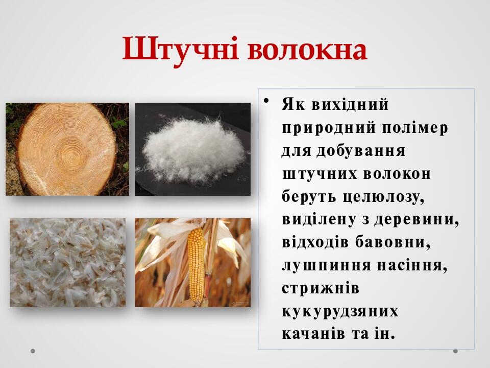Штучні волокна Як вихідний природний полімер для добування штучних волокон беруть целюлозу, виділену з деревини, відходів бавовни, лушпиння насіння...