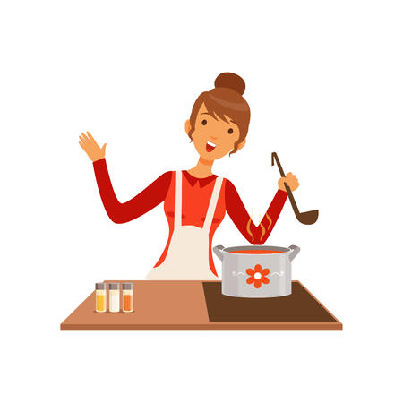 Mujer Joven Que Hace Los Pasteles, Muchacha Del Ama De Casa Que Cocina La Comida En La Ilustración Plana Del Vector De La Cocina En Un Fondo Blanco Ilustraciones Svg, Vectoriales, Clip