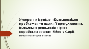 Презентація з теми: "Утворення Ізраїлю. «Близькосхідна проблема» та шляхи її врегулювання. Ісламська революція в Ірані. «Арабська весна». Війна у Сирії.