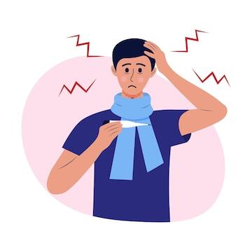 Premium Vector | Man in a scarf with a thermometer character suffers from high temperature chills sore throat flu