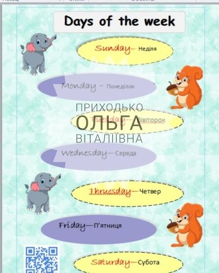 Плакат з англійської мови "Days of the week" | Ілюстрації. Англійська мова