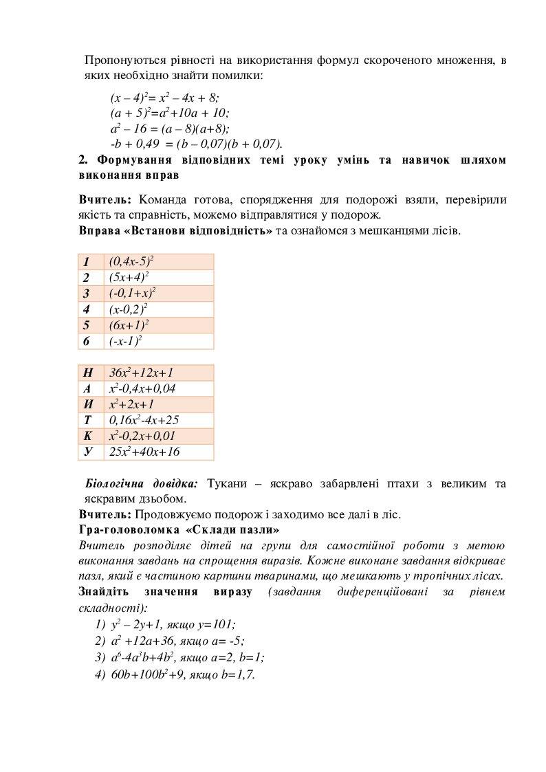 Урок алгебри, 7 клас "Формули скороченого множення" | Конспект. Математика