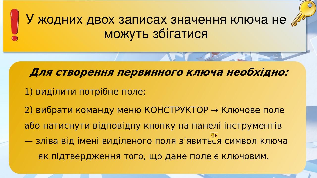 У жодних двох записах значення ключа не можуть збігатися Для створення первинного ключа необхідно: 1) виділити потрібне поле; 2) вибрати команду ме...