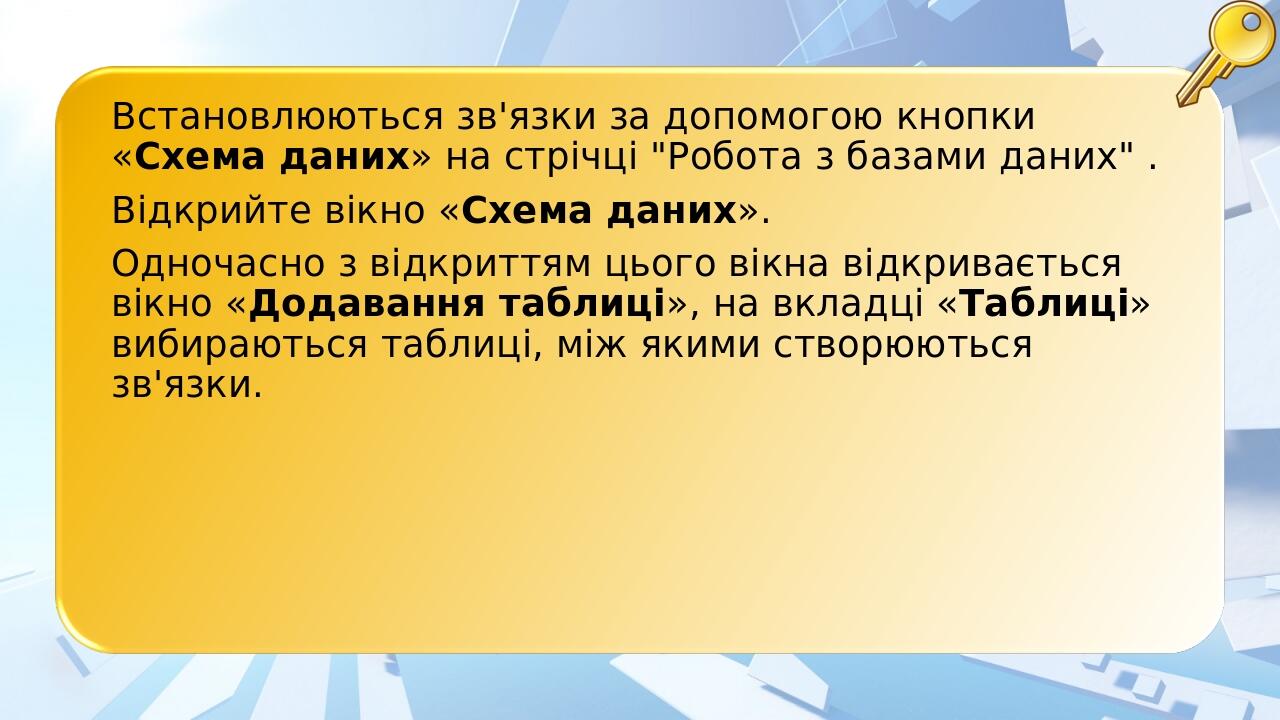 Встановлюються зв'язки за допомогою кнопки «Схема даних» на стрічці "Робота з базами даних" . Відкрийте вікно «Схема даних». Одночасно з відкриттям...