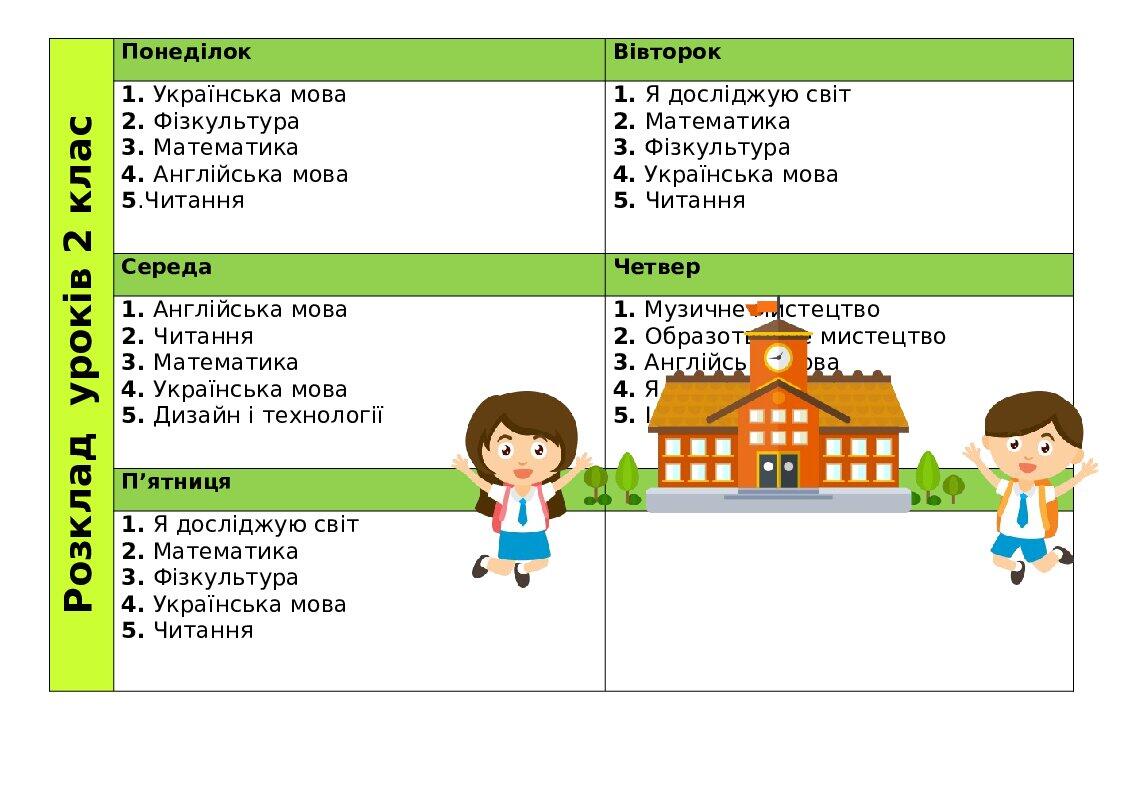 Розклад уроків 2 клас | Ілюстрації. НУШ