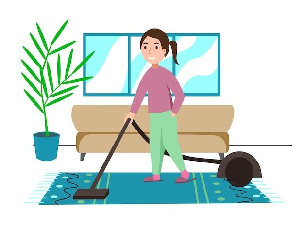 Uma jovem segura um cachimbo de aspirador de pó elétrico pronto para limpar a casa. ilustração em vetor desenhos animados coloridos estilo simples. | Vetor Premium