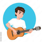 Musician playing guitar. Asian boy guitarist is inspired to play a classical musical instrument. Vector illustration in flat cartoon style in circle on white background for your design and print. Stock Vector |