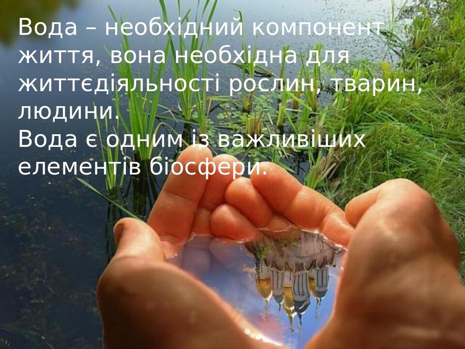 Вода – необхідний компонент життя, вона необхідна для життєдіяльності рослин, тварин, людини. Вода є одним із важливіших елементів біосфери.