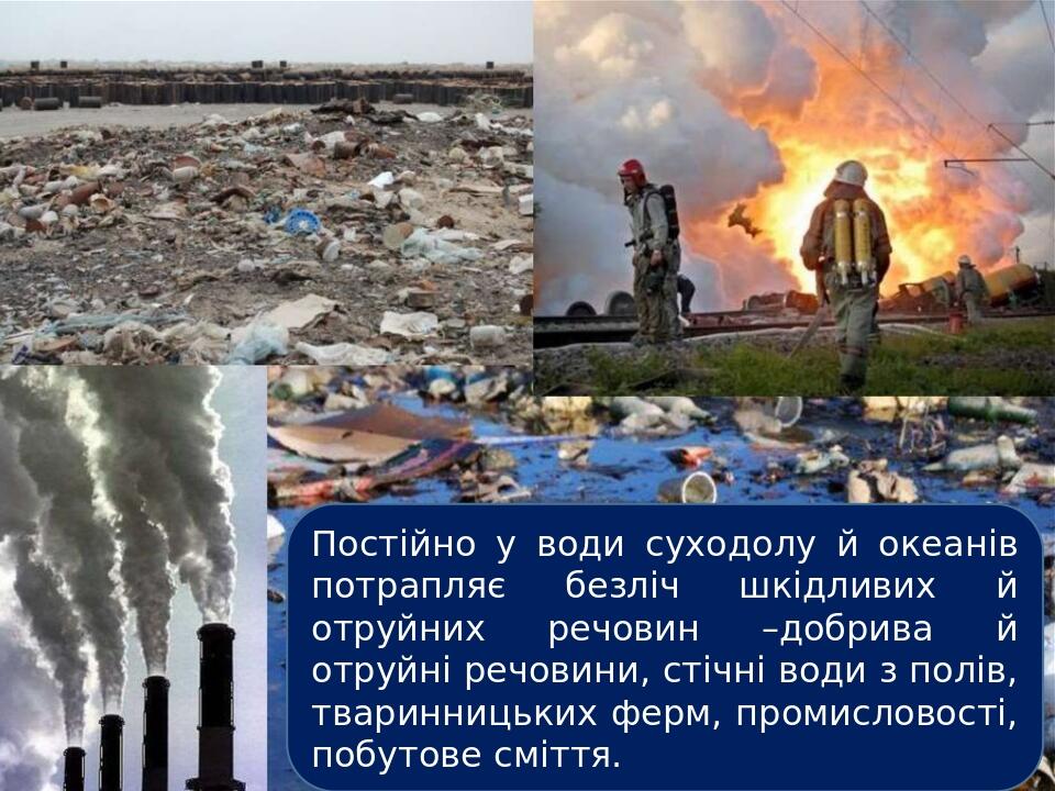 Постійно у води суходолу й океанів потрапляє безліч шкідливих й отруйних речовин –добрива й отруйні речовини, стічні води з полів, тваринницьких фе...