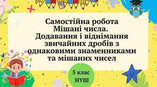 Самостійна робота. Мішані числа. Додавання і віднімання звичайних дробів з однаковими знаменниками та мішаних чисел 5 клас НУШ