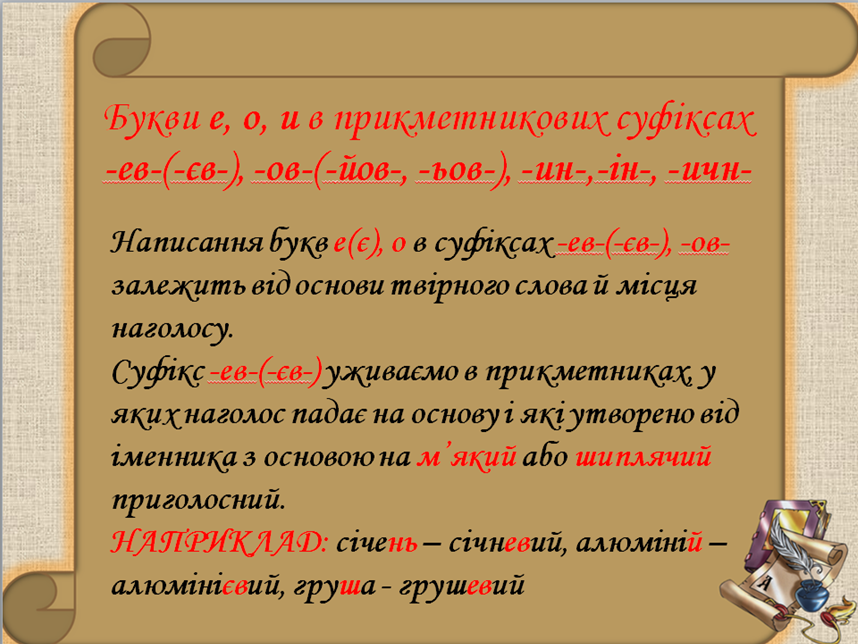 Букви е, о, и в прикметникових суфіксах -ев-(-єв-), -ов-(-йов-, -ьов ...