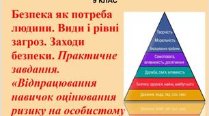 Презентація"Безпека як потреба людини. Види і рівні загроз. Заходи безпеки. Практичне завдання. «Відпрацювання навичок оцінювання ризику на особистому рівні»"