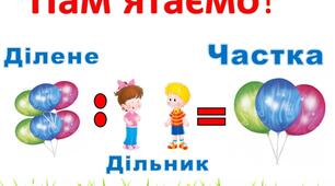 Назви компонентів та результату дії ділення