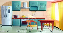 Kitchen Interior Witn Wooden Furniture Cartoon Stock Illustration - Download Image Now - Kitchen, Cartoon, Cooking - iStock