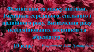 Фемінітиви та маскулінітиви. Іменники середнього, спільного і подвійного роду. Визначення роду невідмінюваних іменників та абревіатур. 10 клас