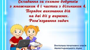 Презентація"Складання за схемою добутків з множником 4 і частки з дільником 4. Порядок виконання дій у виразах на дві дії. Розв’язування задач "