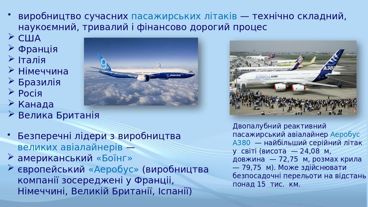 виробництво сучасних пасажирських літаків — технічно складний, наукоємний, тривалий і фінансово дорогий процес США Франція Італія Німеччина Бразилі...