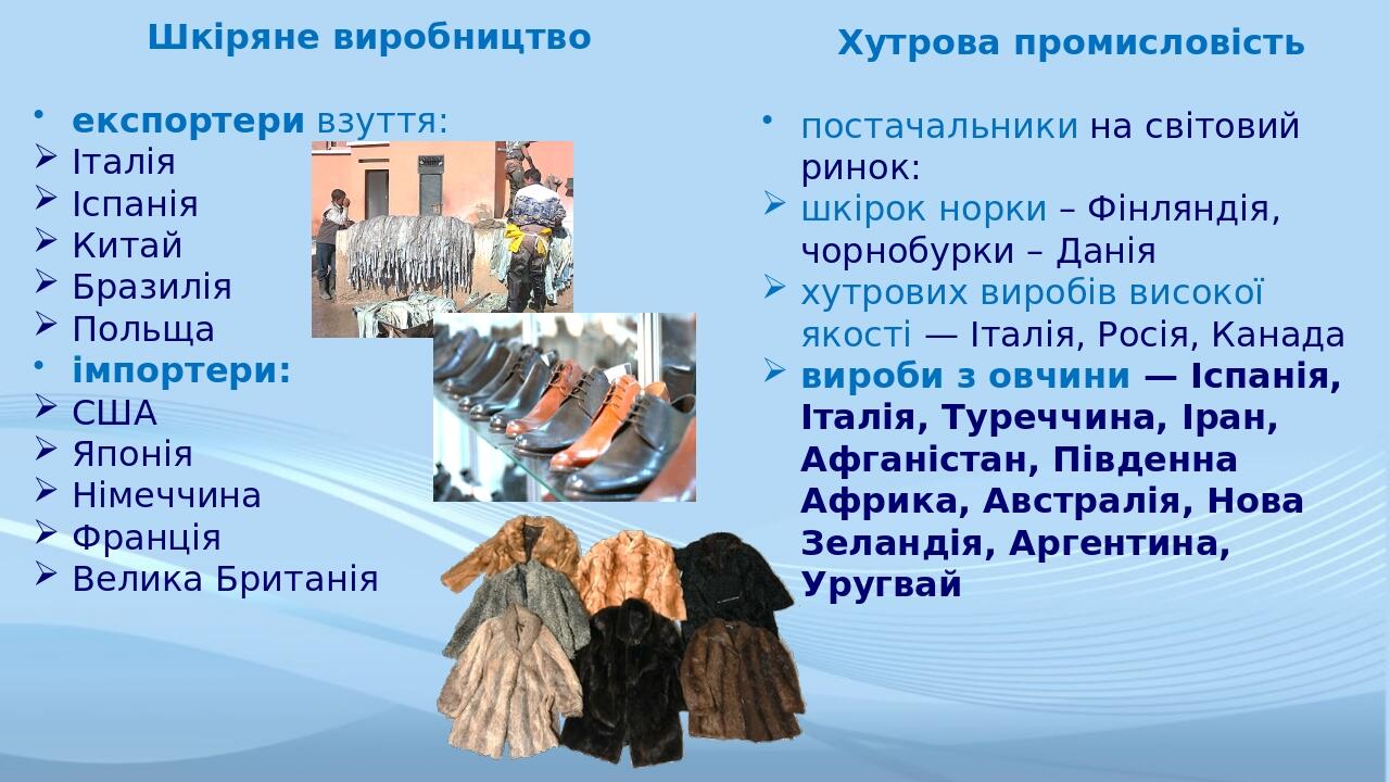Шкіряне виробництво експортери взуття: Італія Іспанія Китай Бразилія Польща імпортери: США Японія Німеччина Франція Велика Британія Хутрова промисл...