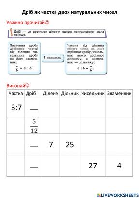 Дріб як частка двох натуральних чисел worksheet
