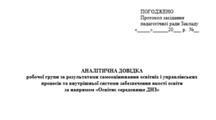 ВСЗЯО в ЗДО. АНАЛІТИЧНА ДОВІДКА робочої групи за результатами самооцінювання освітніх і управлінських процесів за напрямом «Освітнє середовище ДНЗ»