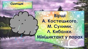 Вірші А. Костецького, М. Сулими, Л. Кибалки. Мінідиктант у парах. (с.102-103).