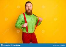 I am Hot. Photo of Delighted Open Mouth Guy Cool Elegant Funky Party Look Hold Hands Suspenders Wear Bright Green Shirt Stock Photo - Image of ireland, flirty: 172212022