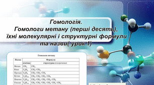 Тема 3 « Початкові поняття про органічні сполуки». Тематичний блок №1 «Вуглеводні» . Урок 3 "Гомологія. Гомологи метану (перші десять), їхні молекулярні і структурні формули та назви".