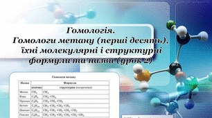 Тема 3 « Початкові поняття про органічні сполуки». Тематичний блок №1 «Вуглеводні» . Урок 4 "Гомологія. Гомологи метану (перші десять), їхні молекулярні і структурні формули та назви" (урок 2).