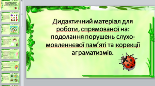 Дидактичний матеріал для роботи, спрямованої на: подолання порушень слухо-мовленнєвої пам’яті та корекції аграматизмів.