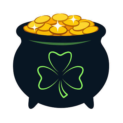 Pot Of Gold Vector Cartoon Illustration Black Pot Filled With Sparkling Golden Coins With Shamrock Clover Sign On Side Irish St Patricks Day Celebration Theme Design Element Isolated On White Stock Illustration -