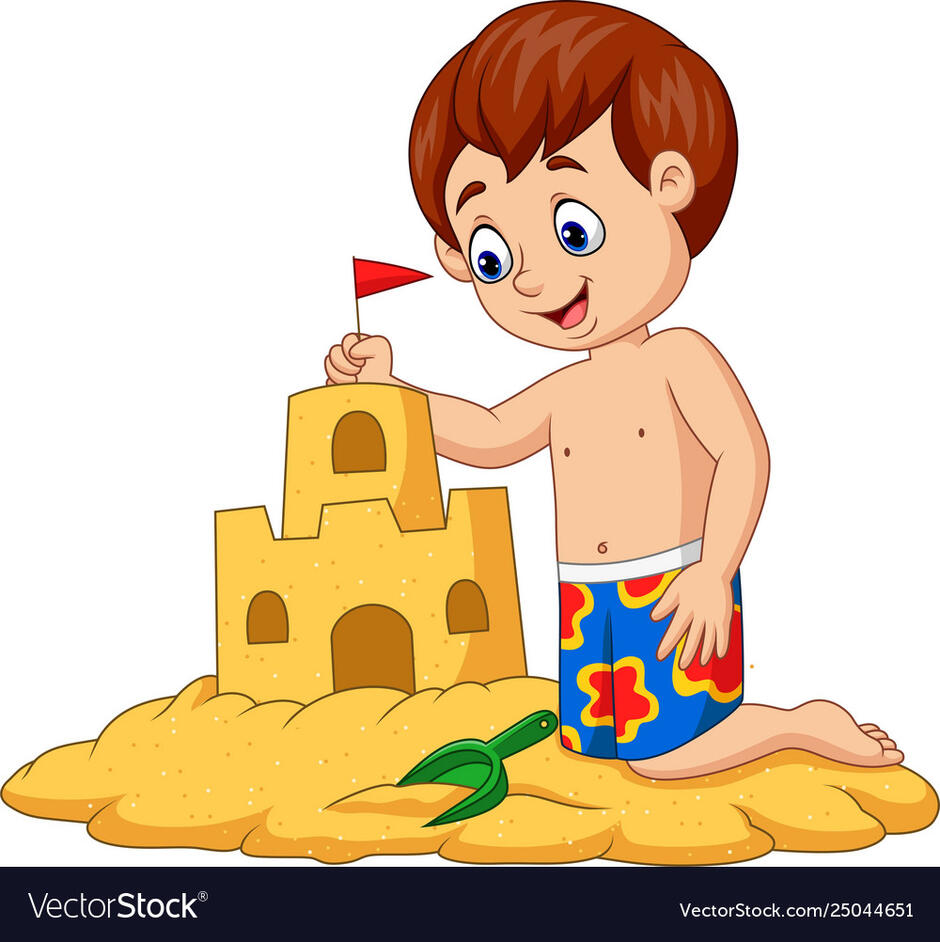 Cartoon happy boy making sand castle Royalty Free Vector