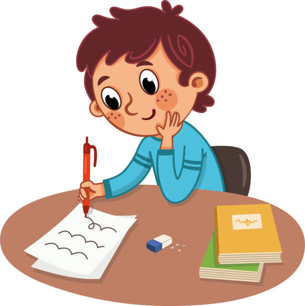 A Boy Is Studying On A Table Stock Illustration - Download Image Now - Writing - Activity, Child, Handwriting - iStock