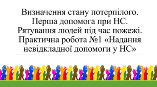 Презентація на тему: "Визначення стану потерпілого. Перша допомога при НС. Рятування людей під час пожежі"