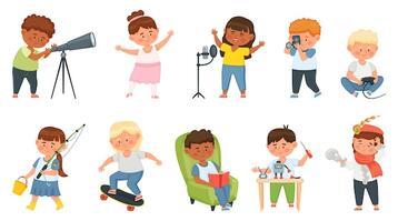 Pasatiempos para niños, niños de dibujos animados que realizan diferentes actividades creativas. personajes infantiles cantando, leyendo, patinando, construyendo un conjunto de vectores de robots. niños y niñas pasando tiempo libre. | Vector