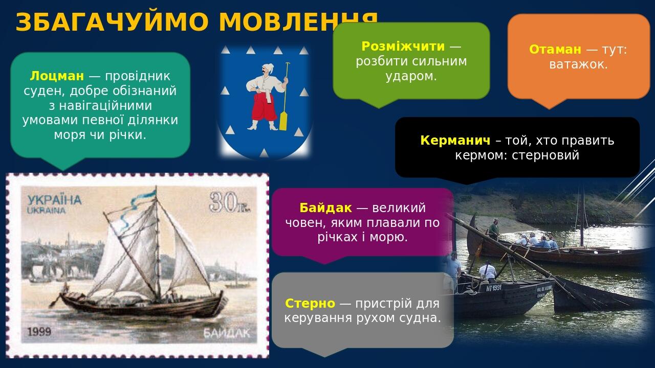 ЗБАГАЧУЙМО МОВЛЕННЯ Лоцман — провідник суден, добре обізнаний з навігаційними умовами певної ділянки моря чи річки. Байдак — великий човен, яким пл...
