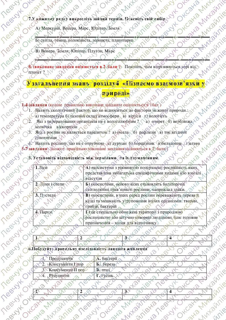 Діагностичні роботи Пізнаємо природу 6 клас за модельною програмою Д ...
