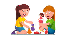 Joyful Girls Kids Playing Dressing Dolls Stock Illustration - Download Image Now - Girls, Doll, Child - iStock