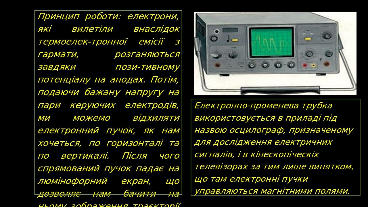 Принцип роботи: електрони, які вилетіли внаслідок термоелек-тронної емісії з гармати, розганяються завдяки пози-тивному потенціалу на анодах. Потім...