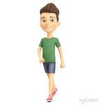 Cartoon character guy in a green t-shirt is walking. 3d rendering. posters for the wall • posters trendy, standing, portrait | myloview.com