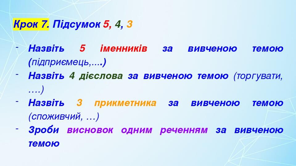 Крок 7. Підсумок 5, 4, 3 Назвіть 5 іменників за вивченою темою (підприємець,....) Назвіть 4 дієслова за вивченою темою (торгувати, ….) Назвіть 3 пр...