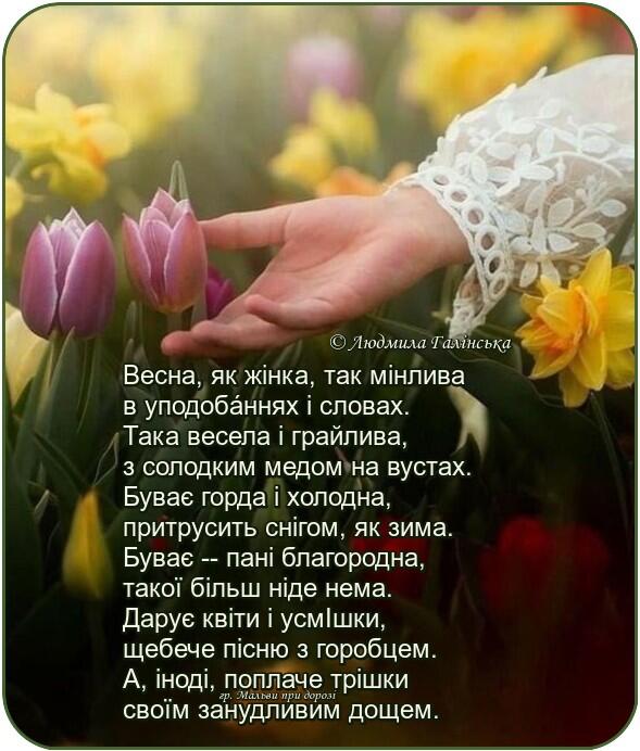 Возможно, это изображение текст «©людмила алнс ька весна, як жинка, так минлива в уподобаннях словах. така весела i грайлива, 3 солодким медом на вустах бувае горда холодна, притрусить снгом, як зима. бувае-- пані благородна, такой бльш нде нема. даруе квіти| усмшки, щебече псню 3 горобцем. A, ноді, поплаче тришки свойм занудливим дощем.»