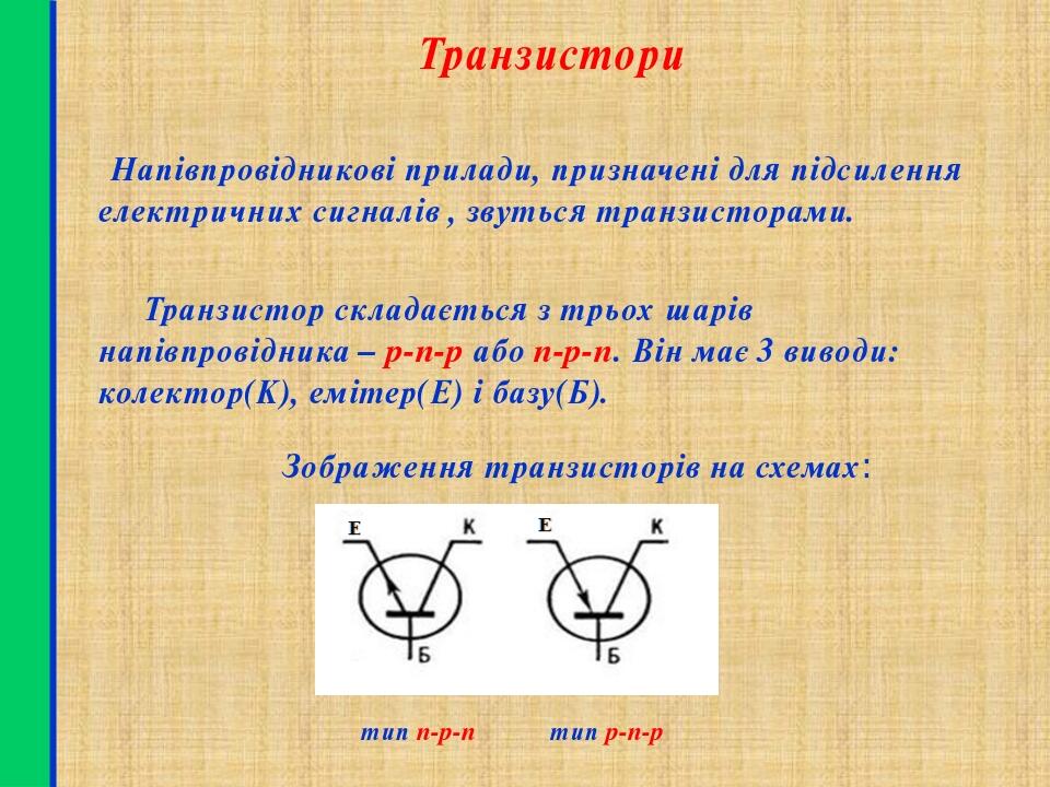 Транзистори Напівпровідникові прилади, призначені для підсилення електричних сигналів , звуться транзисторами. Транзистор складається з трьох шарів...