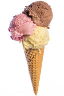 Front View Of Real Edible Ice Cream Cone With 3 Different Scoops Of Ice Cream Isolated On White Background Stock Photo - Download Image Now - iStock
