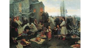 Побутовий жанр."Великодня утреня (Ранок Христового Воскресіння)",1891 р. М. Пимоненко