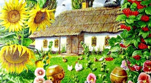Уквітчана мальвами українська хата ,  На причілку соняхи файні розцвіли