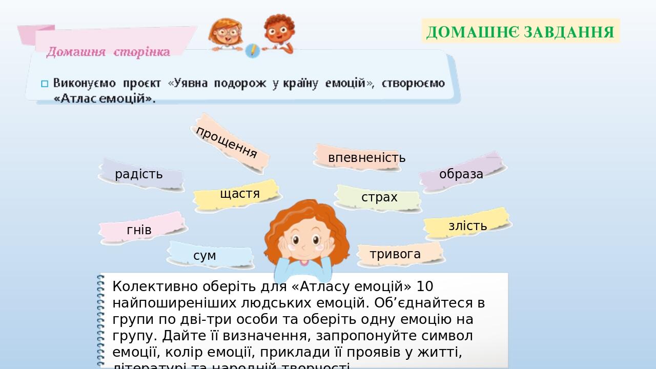 Колективно оберіть для «Атласу емоцій» 10 найпоширеніших людських емоцій. Об’єднайтеся в групи по дві-три особи та оберіть одну емоцію на групу. Да...