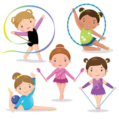 Set Of Rhythmic Gymnastics Cute Girls Stock Illustration - Download Image Now - Rhythmic Gymnastics, Gymnastics, Sports Ball - iStock