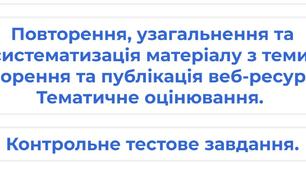 8 клас. Урок 59. Повторення, узагальнення та систематизація матеріалу з тем: Створення та публікація веб-ресурсів. Тематичне оцінювання. Контрольне тестове завдання. 
