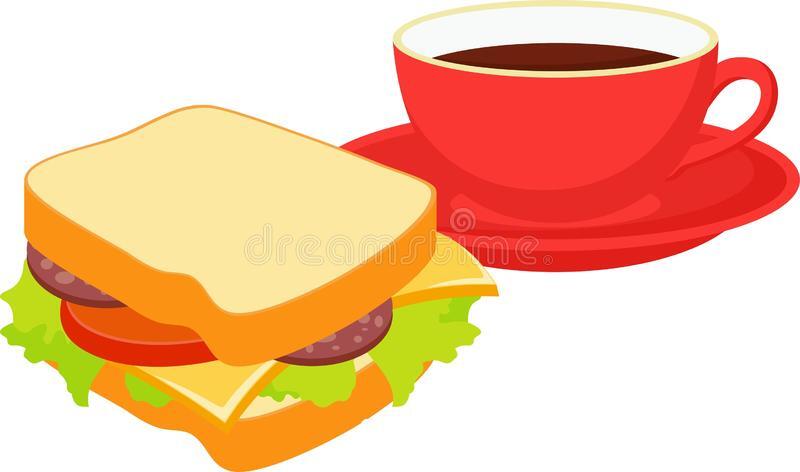 Sandwich with a Red Cup of Hot Tea. Raster Illustration Stock Illustration - Illustration of fatty, food: 136592971