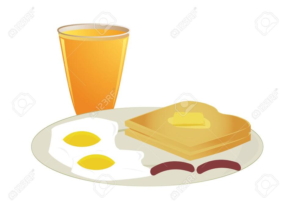 A Plate Of Toast With Sunny Side Eggs And Sausage With A Glass Of Orange Juice Royalty Free SVG, Cliparts, Vectors, And Stock Illustration. Image 6468189.